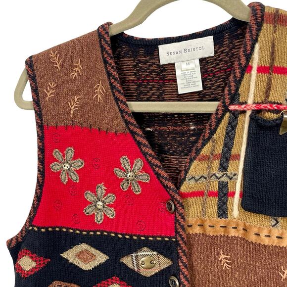 Vintage Y2K Susan Bristol Fall Embroidered Mixed Media Knit Vest Size Medium - Picture 4 of 11